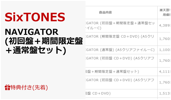 Sixtones Navigator 先着特典 比較表 初回盤 期間限定盤 通常盤セット A5クリアファイルーc Zoompress ズームプレス